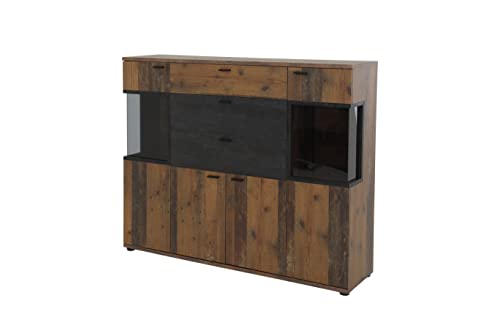 Apollo Atlanta Highboard, Kommode Holzwerkstoff Dekor Eiche dunkel, Glastüren, Auszüge,Schubkästen, Regalfächer, 155x40x125cm (ohne Beleuchtung!) von Apollo