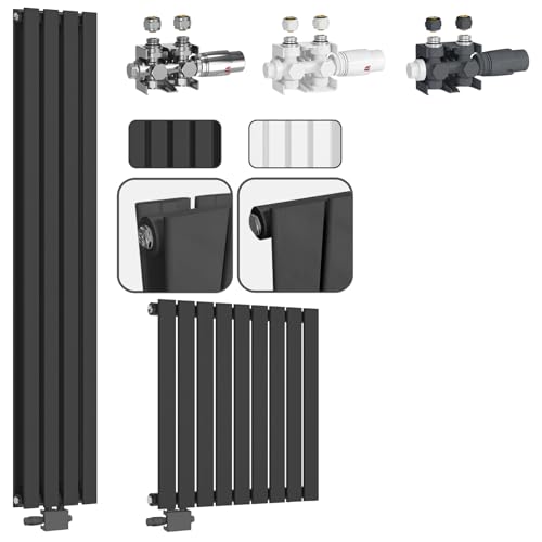 Aquamarin® Design Heizkörper - Mit Multiblock, 1/2 Zoll, Vertikal, Flach, Einlagig, 1600 x 300 mm, 530 W, Mittelanschluss, Anthrazit - Paneelheizkörper, Badheizkörper, Flachheizkörper von Aquamarin