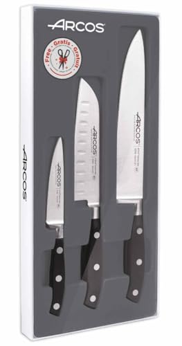 Arcos Serie Riviera - Küchenmesser Set 3 Stück (1 Schälmesser + 1 Santoku + 1 Kochmesser) - Klinge aus Nitrum geschmiedetem Edelstahl - HandGriff Polyoxymethylen (POM) Farbe Schwarz von Arcos