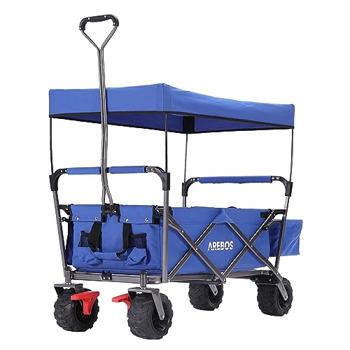 Arebos Bollerwagen faltbar mit Dach | Handwagen | Transportkarre Gerätewagen inkl. 2 Netztaschen und Einer Außentasche | Vorderrad-Bremse | klappbar | Vollgummi-Reifen | bis 100 kg Tragkraft | Blau von Arebos