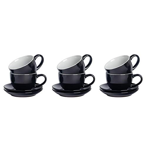 Argon Tableware 12 Stück Farbige Cappuccino Tasse und Untertasse Set - Modern Style Porzellan-Tee-und Kaffeetassen - Schwarz - 250ml von Argon Tableware