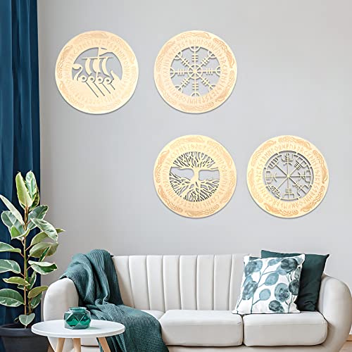 Arsey Wikinger Deko Nordische Mythologie Runen Mittelalter Wandkunst Wandskulpturen Kompass Lebensbaum Vegvisir Wanddeko Wohnzimmer Schlafzimmer, Holz, Natur, 4 Stücke von Arsey