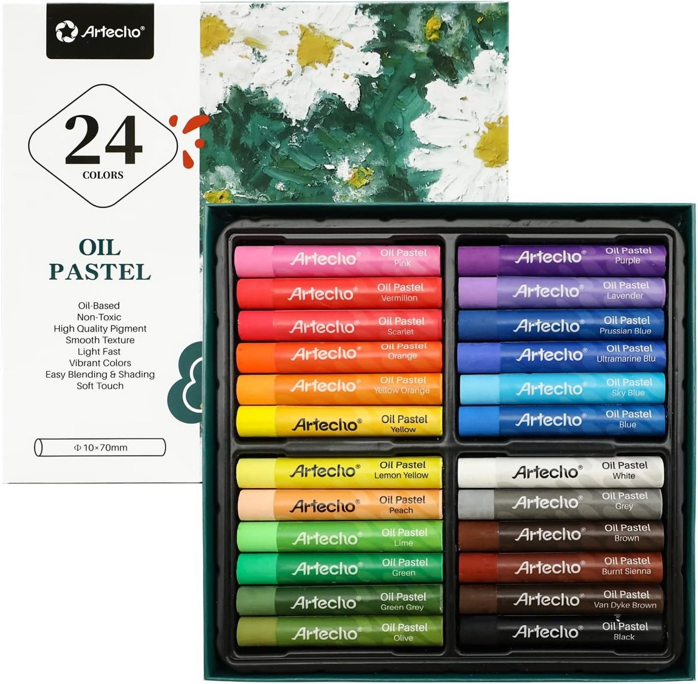 Artecho Pastellkreide 12 / 24 / 48 Ölpastellkreiden Set -je ca. 10 x 70 mm -lebendigen, kräftigen Farben -Ideal zum Malen & Zeichnen- für Anfänger und Profis von Artecho