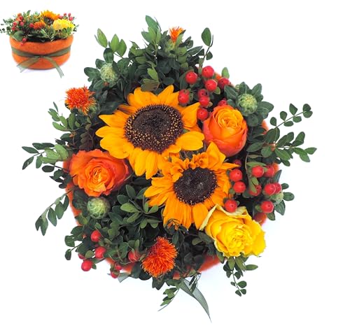 Arteks Blumen Blumenstrauß Blumentorte Größe L-XXL Blütenzauber Bunte Blumentorten mit Filz Stoff kostenloser Glückwunschkarte XXL (Sonnenschein orange) von Arteks