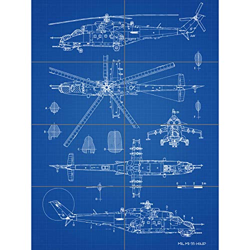 Artery8 Mil MI-35 Hind Helicopter Gunship Blueprint Plan XL Giant Panel Poster (8 Sections) Blau von Artery8