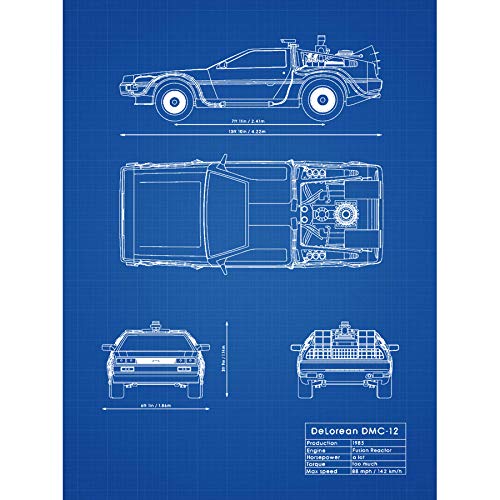 Artery8 DeLorean DMC-13 Future Time Travel Car Blueprint Plan Art Print Canvas Premium Wall Decor Poster Mural Zukunft Reise Blau Wand Deko von Artery8