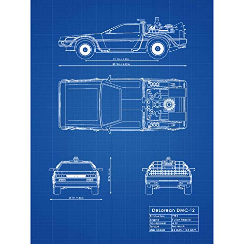 Artery8 DeLorean DMC-13 Future Time Travel Car Blueprint Plan Extra Large XL Wall Art Poster Print Zukunft Reise Blau Wand Poster drucken von Artery8