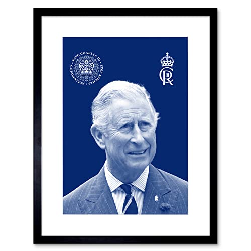 Artery8 King Charles III Coronation Royal Blue Portrait Picture with Crest and Emblem Artwork Framed Wall Art Print 9X7 Inch von Artery8