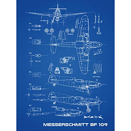 Artery8 Messerschmitt Bf 109 Fighter Plane 2 Blueprint Plan Extra Large XL Wall Art Poster Print Kämpfer Ebene Blau Wand Poster drucken von Artery8
