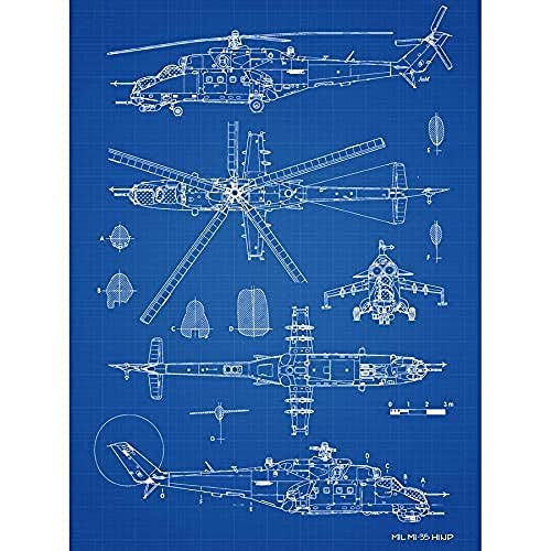 Artery8 Mil MI-35 Hind Helicopter Gunship Blueprint Plan Art Print Canvas Premium Wall Decor Poster Mural Blau Wand Deko von Artery8