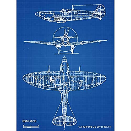 Artery8 Supermarine Spitfire 5b Fighter Plane Blueprint Plan Art Print Canvas Premium Wall Decor Poster Mural Kämpfer Ebene Blau Wand Deko von Artery8