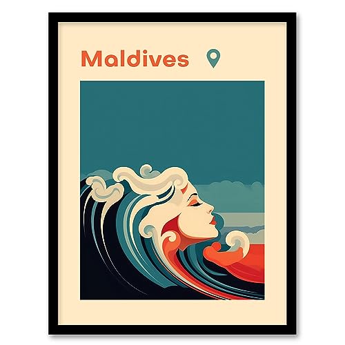 Artery8 The Seaside Calls Maldives Beach Modern Woman of the Waves Sea Siren Ocean Artwork Framed Wall Art Print A4 von Artery8