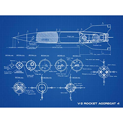 Artery8 V-2 Rocket Aggregat 4 Ballistic Missile Blueprint Plan Extra Large XL Wall Art Poster Print Rakete Blau Wand Poster drucken von Artery8