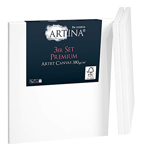 Artina 3er Set Premium 40x40 cm Keilrahmen – FSC® Holz Keilrahmen Leinwand 100% Baumwolle Leinwand weiß vorgrundiert – Leinwände zum Bemalen 380 g/m² - Extrabreiter, bespannter Keilrahmen von Artina