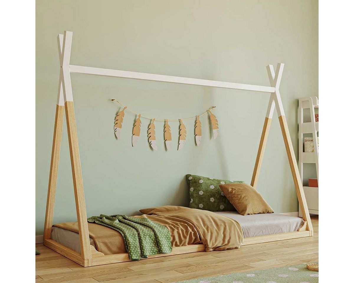 Artkid Spielbett Winni Natur Tippi Bett, Zelt Bett 90x200 - Montessori Bett für Jungs (Packung, Artkid Winni Tipi Bett Kiefer natur weiß), Hausbett, Massivholz von Artkid