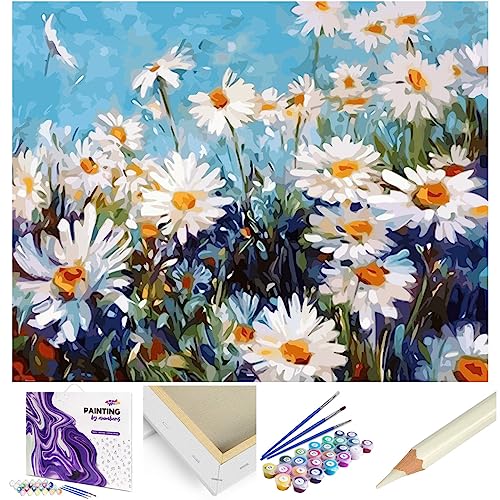 ARTNAPI Malen nach Zahlen Erwachsene mit Rahmen | DIY Handgemalt | Blumen - Gänseblümchen | Kit für Anfänger und Erwachsene | Set inklusive Acrylfarben & Pinsel | 40x50cm Leinwand | Ideal als Geschenk von Artnapi