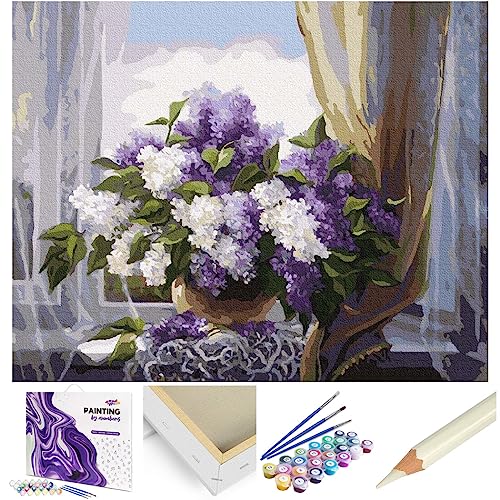 Artnapi Malen nach Zahlen Erwachsene mit Rahmen | DIY Handgemalt | Blumen - Holunderblüten am Fenster | Kit für Anfänger und Erwachsene | Set inklusive Acrylfarben & Pinsel | 40x50cm Leinwand von Artnapi