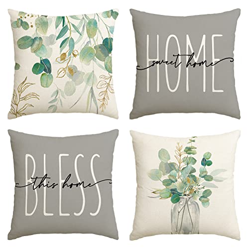 Artoid Mode Eukalyptus Blätter Sommer Kissenbezüge 4er Set, 40x40 cm Saisonnal Home Sweet Home Zierkissenbezug Cushion Cover Couch Wohnzimmer Deko von Artoid Mode