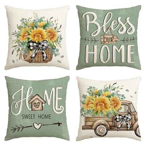 Artoid Mode Eukalyptus Sonnenblumen LKW Sommer Kissenbezüge 4er Set, 45x45 cm Lastkraftwagen Zierkissenbezug Cushion Cover Wohnzimmer Deko von Artoid Mode