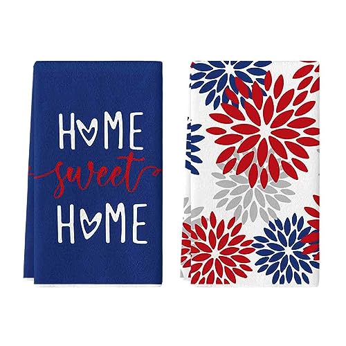 Artoid Mode Rot Blau Streifen Home Sweet Home Dahlien Blumen Sommer Küchentücher Geschirrtücher, 42x65 cm Saisonale Boho Dekoration Handtücher 2er Set von Artoid Mode