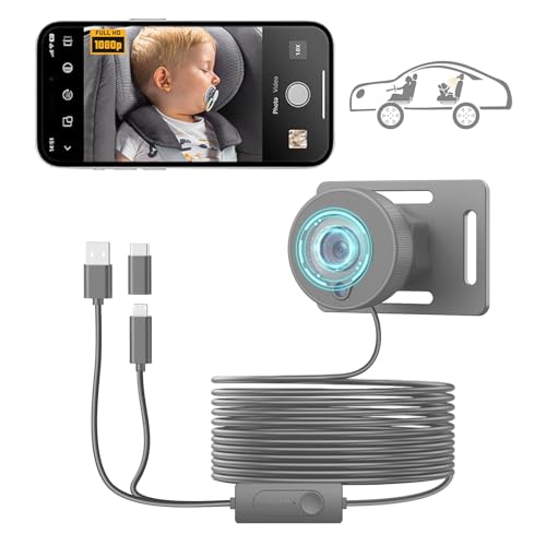 Ashfly Baby-Autospiegel HD 1080P mit Kamera, 360°Drehbarer Auto-Rücksitzspiegel, Baby-Spiegel-Rücksicht-Monitor mit Nachtsicht, Plug and Play Rücksitz-Monitorfür iPhone von Ashfly