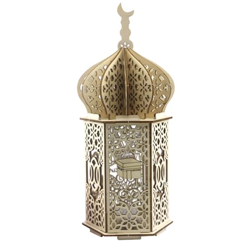 Hölzerne Eid Leuchtturm Dekoration, Asudaro Ramadan Dekorationen Eid Kunsthandwerk hölzerne Nachtlicht Islam Mubarak Dekorationen Tischlampe, 10x 10x24cm, für Büro Haus Typ 03 von Asudaro