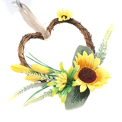 Mini Herzförmiger Rattan Kranz,Asudaro 15cm Rosenkranz Künstliche Herzform Blumenkranz Türkranz Wandkranz Rosen Rattan Kranz für Haustür Wand Hochzeit Party Home Decor,Sonnenblume von Asudaro