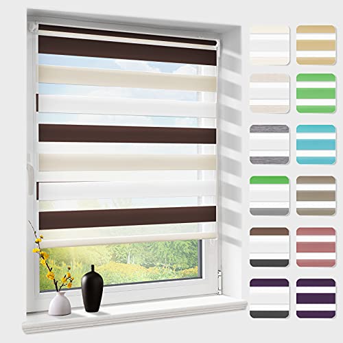 Doppelrollo klemmfix ohne Bohren, Duo Rollos für Fenster & Tür mit Bohren, Weiß Creme Braun 105x150cm (BxH), Fensterrollo lichtdurchlässig & verdunkelnd, Klemmrollo Sonnenschutz & Sichtschutz von Atlaz