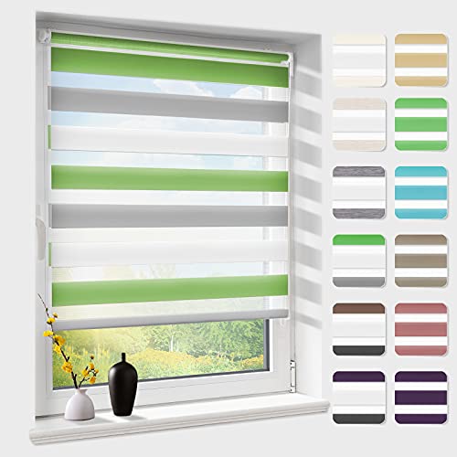 Doppelrollo klemmfix ohne Bohren, Duo Rollos für Fenster & Tür mit Bohren, Weiß Grau Grün 100x120cm (BxH), Fensterrollo lichtdurchlässig & verdunkelnd, Klemmrollo Sonnenschutz & Sichtschutz von Atlaz