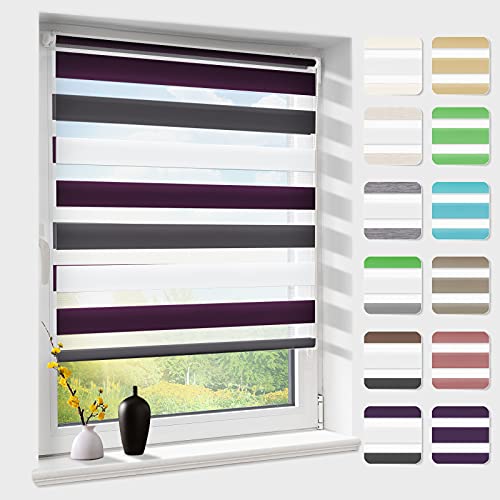 Doppelrollo klemmfix ohne Bohren, Duo Rollos für Fenster & Tür mit Bohren, Weiß Lila Anthrazit 70x130cm (BxH), Fensterrollo lichtdurchlässig & verdunkelnd, Klemmrollo Sonnenschutz & Sichtschutz von Atlaz