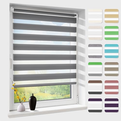 Doppelrollo klemmfix ohne Bohren, Duo Rollos für Fenster & Tür mit Bohren, Version 2024 Anthrazit 40x120cm (BxH), Fensterrollo lichtdurchlässig & verdunkelnd, Klemmrollo Sonnenschutz & Sichtschutz von Atlaz