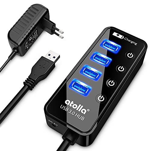 Atolla USB 3.0 Hub mit Strom versorgt, USB Hub mit 4 Ports Steckdosenleiste mit individuellen EIN-/Aus-Schaltern - inkl. Netzteil von atolla