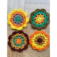 Retro Handgemachte Häkeluntersetzer | Vintage Home 70Er Jahre Sonnenuntergang| Geschenke 60Er/70Er Haushaltswaren Innenräume Mandala Blume 4Er Set von AtomiCrafts