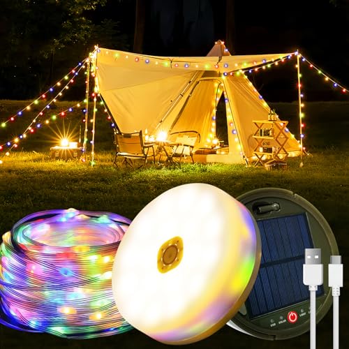 Camping Lichterkette Aufrollbar, 12M 120LED Solar Camping Lichterkette Außen, Wiederaufladbar über USB, IP65 Wasserdichte Camping Lichterkette, Tragbare Campinglampe für Garten, Wandern, Mehrfarbig von Auezona