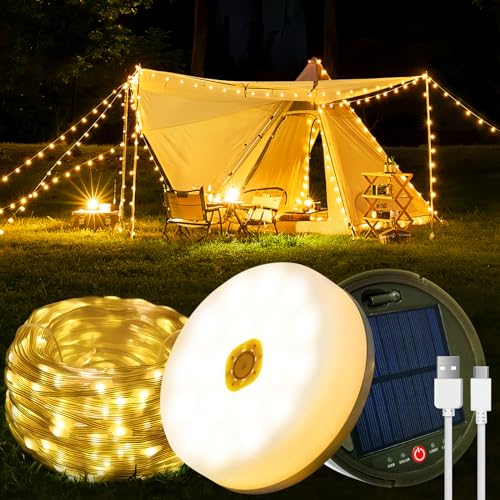 Camping Lichterkette Aufrollbar, 12M Solar Camping Lichterkette Außen, Wiederaufladbar über USB, IP65 Wasserdichte Camping Lichterkette, 120LED Tragbare Campinglampe für Camping, Garten, Wandern von Auezona