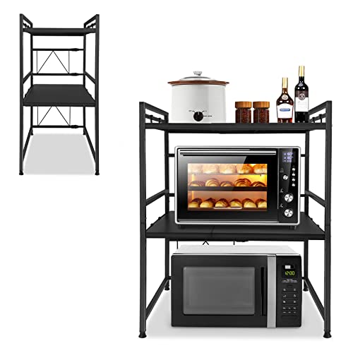 AufuN Erweiterbares Mikrowellen Regal 3-stufiges Mikrowellenständer mit 3 Haken zum Aufhängen, Stauraum für Küchentheke, Organizer, Druckerständer (44-60cm, Schwarz) von AufuN