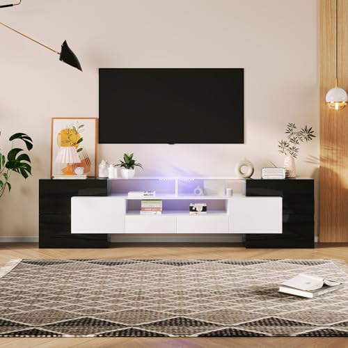 Aunlva Stilvoller TV-Schrank, niedriges Panel. Hochglanz-Weiß und Schwarz, 200 cm, LED-Beleuchtung Wohnzimmermöbel. Modernes Design. Elegante Glasoberfläche. von Aunvla