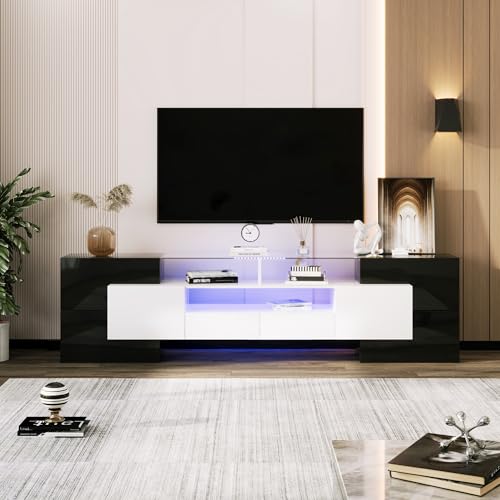 Aunvla Stilvoller TV-Schrank, niedriges Panel. Hochglanz-Weiß und Schwarz, 200 cm, LED-Beleuchtung Wohnzimmermöbel. Modernes Design. Elegante Glasoberfläche. von Aunvla