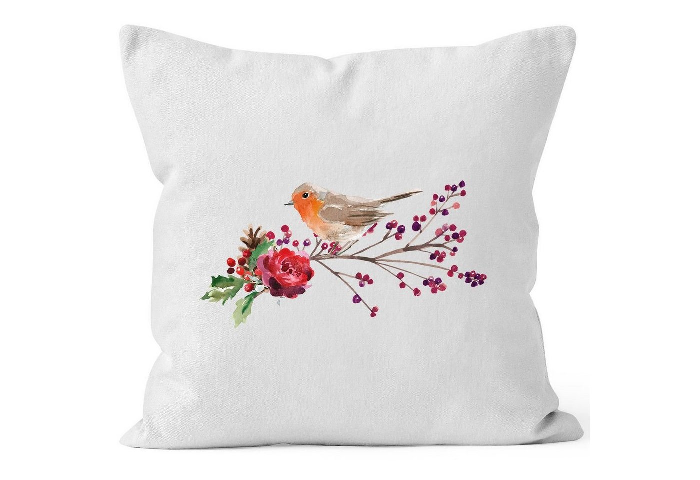 Autiga Dekokissen Kissenbezug Vogel Rotkehlchen Blumen Misteln Watercolor Bird Weihnachten Christmas Autiga® von Autiga