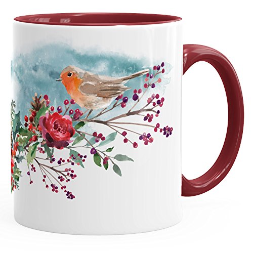 Autiga Kaffee-Tasse Vogel Rotkehlchen Blumen Misteln Watercolor Bird Weihnachten Christmas bordeauxrot unisize von Autiga