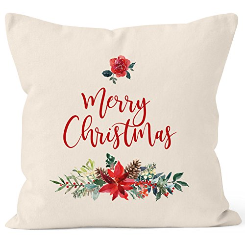 Autiga Kissenbezug Weihnachten Merry Christmas Blumen Weihnachtsstern Christstern Kissen-Hülle traditionell Natur 40cm x 40cm von Autiga