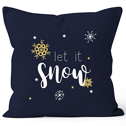 Autiga Kissenbezug Weihnachten Winter Let it Snow Spruch Schnee Eiskirstalle Schneeflocken Kissen-Hülle Baumwolle Navy 40cm x 40cm von Autiga