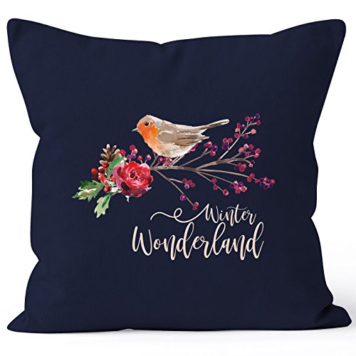 Autiga Kissenbezug Weihnachten Winterwonderland Vogel Rotkehlchen Blumen Misteln Christmas Bird Navy 40cm x 40cm von Autiga