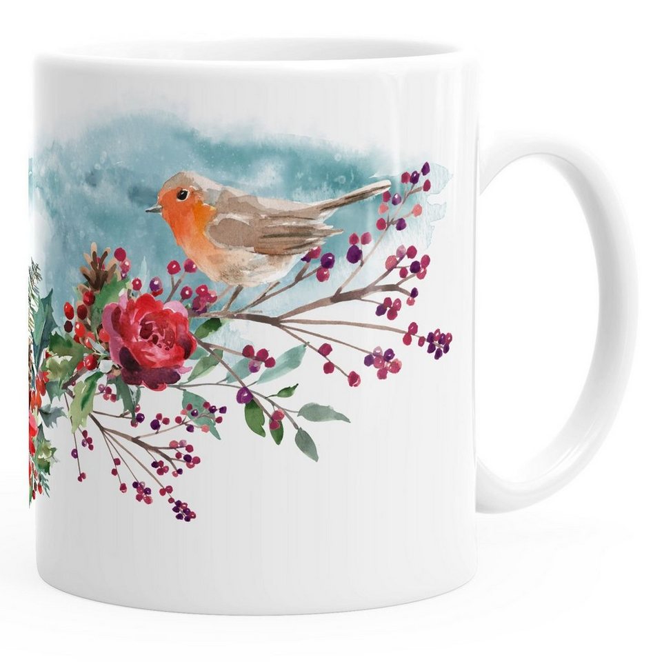 Autiga Tasse Kaffee-Tasse Vogel Rotkehlchen Blumen Misteln Watercolor Bird Weihnachten Christmas Autiga®, Keramik von Autiga
