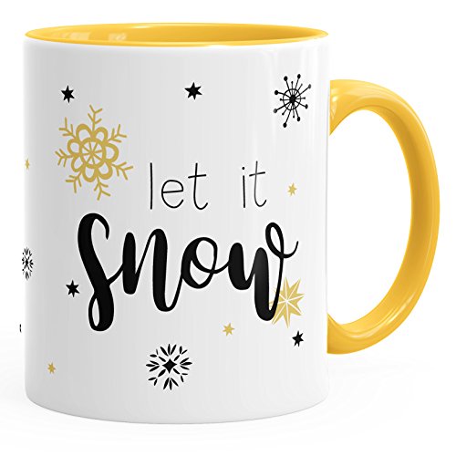 Autiga Tasse Weihnachten Spruch Let it snow Schnee Schneeflocken Eis Eiskristalle gelb unisize von Autiga