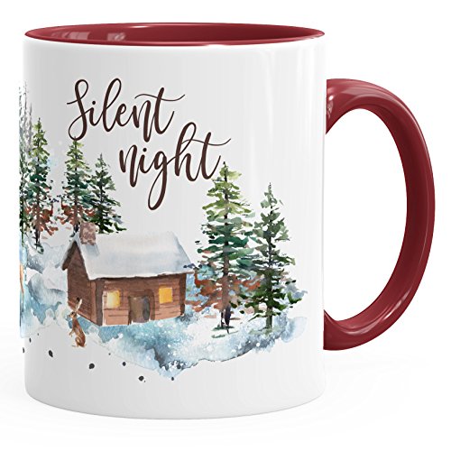 Autiga Tasse Weihnachten Winter Schnee Silent Night Christmas Weihnachts-Tase Kaffeetasse Teetasse Keramiktasse bordeauxrot unisize von Autiga