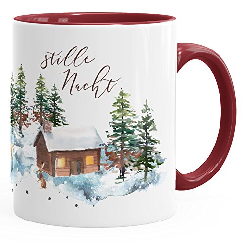 Autiga Weihnachts-Tase Stille Nacht Weihnachten Winter Schnee Silent Night Christmas Kaffeetasse Teetasse Keramiktasse bordeauxrot unisize von Autiga