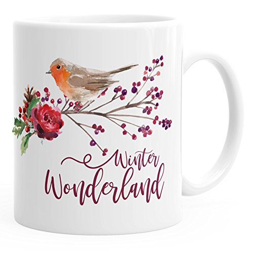 Autiga Weihnachtstasse Tasse Weihnachten Winterwonderland Vogel Rotkehlchen Blumen Misteln Christmas Bird Kaffeetasse weiß unisize von Autiga