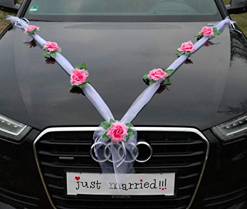 Organza M Auto Schmuck Braut Paar Rose Deko Dekoration Hochzeit Car Auto Wedding Deko (Rosa/Weiß) von Organza M