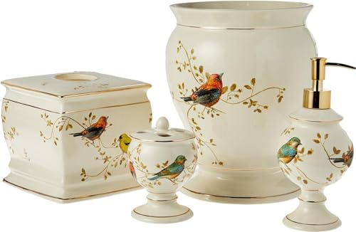 Avanti Linens - Badezimmer-Zubehör-Set, 4-teiliges Set mit passendem Design, von der Natur inspirierte Arbeitsplatte Badezimmer-Dekor (Kollektion Gilded Birds) von Avanti Linens